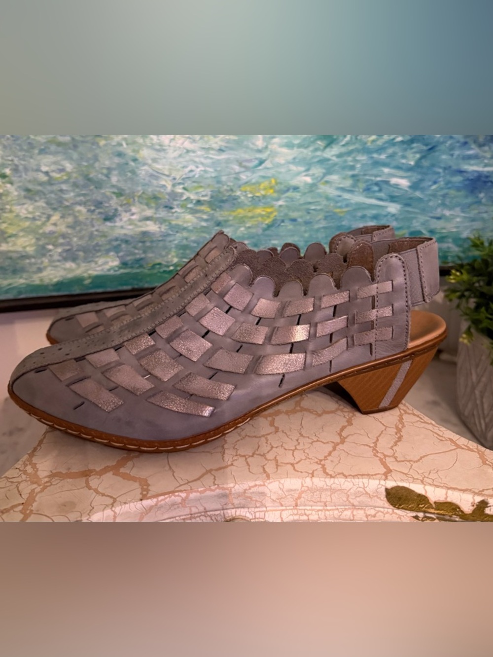 Rieker Sina 78 Women's Slingback Woven Azur/Grey Leather Low Heel Shoes
